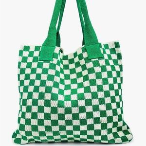 Green White Checked Knit Crotchet Summer Tote Bag